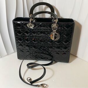 DIOR Lady Dior Large Bag Black Patent Leather Cannage Quilt with Silver Hardware